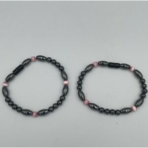 Set Of 2 Magnetic Bracelets Black Hematite And Pink Cat Eye Bead Healing Beaded